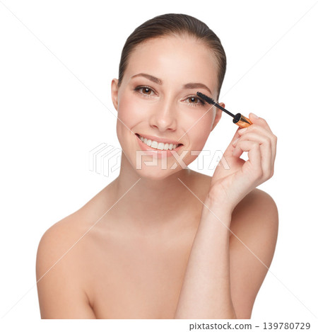 Mascara, face and woman with makeup for beauty, cosmetic product for lashes and volume on white background. Wand for eyelash extension, portrait and skin glow with change or transformation in studio Mascara, face and woman with makeup for beauty, cosmetic product for lashes and volume on white background. Wand for eyelash extension, portrait and skin glow with change or transformation in studio 139780729