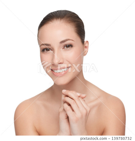 Woman, face and skincare for natural beauty, hygiene and wellness with dermatology and self care on white background. Portrait, facial and clean skin for glow and cosmetics for shine in studio Woman, face and skincare for natural beauty, hygiene and wellness with dermatology and self care on white background. Portrait, facial and clean skin for glow and cosmetics for shine in studio 139780732