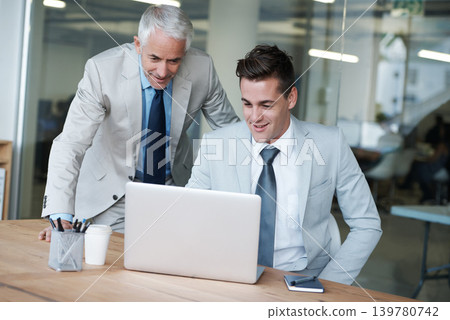 Boss, businessman and partner with laptop, plan and work for key accountants and budget costs. CEO, employer at desk in office, company and meeting for tax administration and enterprise growth 139780742