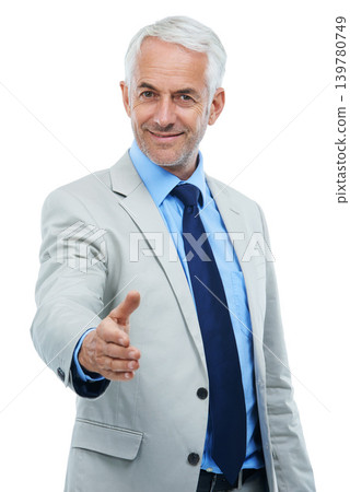 Senior businessman, portrait and handshake offer for introduction, meeting and hiring on white background. Male person, hr manager and hello in interview, recruitment and onboarding or pov in studio Senior businessman, portrait and handshake offer for introduction, meeting and hiring on white background. Male person, hr manager and hello in interview, recruitment and onboarding or pov in studio 139780749