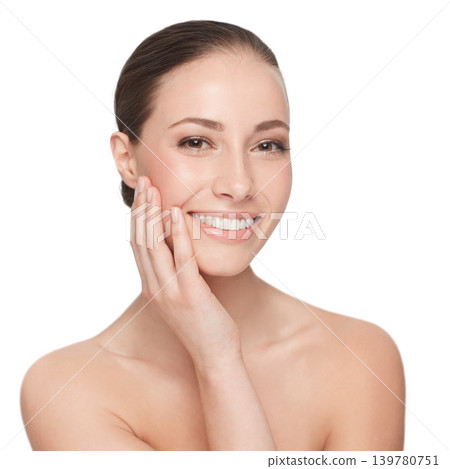 Woman, hand on skin and portrait for beauty, hygiene and wellness with dermatology and self care on white background. Model touching face, clean skincare and glow with natural cosmetics in studio 139780751