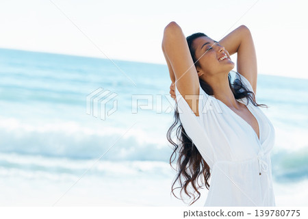 Relax, summer and woman on beach with smile, waves and travel on holiday in Cancun with mockup space. Water, sun and girl on ocean vacation with adventure, sunshine and happiness on tropical island. Relax, summer and woman on beach with smile, waves and travel on holiday in Cancun with mockup space. Water, sun and girl on ocean vacation with adventure, sunshine and happiness on tropical island. 139780775