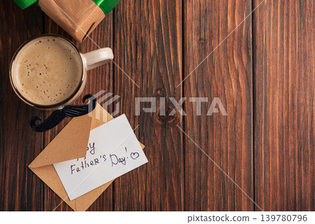 Father's Day celebration with gift, coffee, and greeting card Father's Day celebration with gift, coffee, and greeting card 139780796