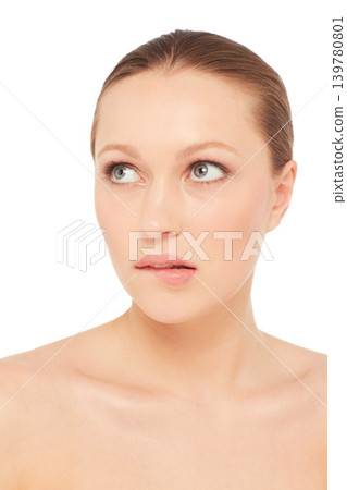 Beauty, skincare and woman in studio thinking with serious face, natural cosmetics and makeup. Dermatology, skin wellness and girl with self care, spa facial and health isolated on white background. 139780801