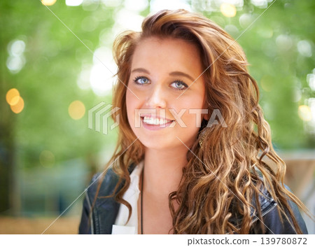 Portrait, casual outfit and woman with a smile, outdoor and nature with weekend break and summer. Face, person and girl in a forest park and fun with happiness and cheerful with a party and joyful Portrait, casual outfit and woman with a smile, outdoor and nature with weekend break and summer. Face, person and girl in a forest park and fun with happiness and cheerful with a party and joyful 139780872