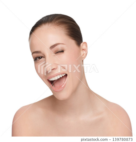 Portrait, happy and woman wink for skincare, flirt or natural beauty isolated on white studio background. Face, blink and smile of model in cosmetics excited for spa facial treatment for healthy skin Portrait, happy and woman wink for skincare, flirt or natural beauty isolated on white studio background. Face, blink and smile of model in cosmetics excited for spa facial treatment for healthy skin 139780873