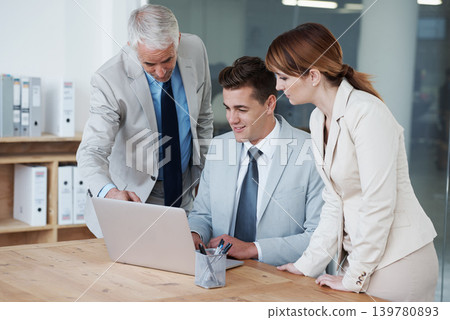Laptop, meeting and business people in office for research on corporate legal project in collaboration. Team, technology and group of attorneys work on law case with computer in workplace boardroom. Laptop, meeting and business people in office for research on corporate legal project in collaboration. Team, technology and group of attorneys work on law case with computer in workplace boardroom. 139780893