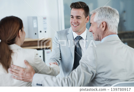 Meeting, welcome and handshake with business people in human resources interview for recruitment. Thank you, hiring or onboarding with corporate man and woman shaking hands for contract agreement Meeting, welcome and handshake with business people in human resources interview for recruitment. Thank you, hiring or onboarding with corporate man and woman shaking hands for contract agreement 139780917