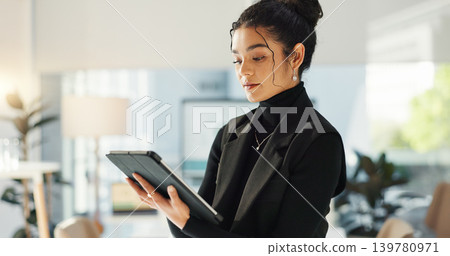 Happy businesswoman in office with tablet, email or social media for business feedback, schedule or agenda. Smile, digital app and woman networking online for market research, web review and report. Happy businesswoman in office with tablet, email or social media for business feedback, schedule or agenda. Smile, digital app and woman networking online for market research, web review and report. 139780971
