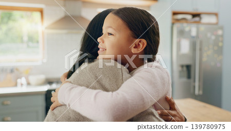 Love, mom and girl in a hug in family home with support, trust and bonding in kitchen or happy childhood memory of daughter. Smile, face and kid in embrace with mother, woman or together with mommy Love, mom and girl in a hug in family home with support, trust and bonding in kitchen or happy childhood memory of daughter. Smile, face and kid in embrace with mother, woman or together with mommy 139780975