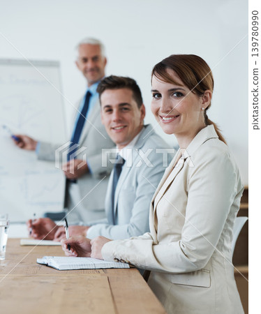 Meeting, presentation and business, woman and notes for planning with collaboration or corporate training session. Seminar, information and project management, smile in portrait for team and strategy Meeting, presentation and business, woman and notes for planning with collaboration or corporate training session. Seminar, information and project management, smile in portrait for team and strategy 139780990