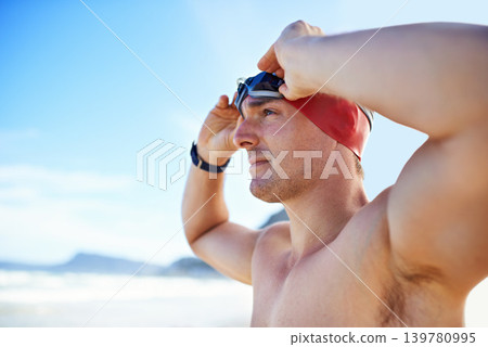 Beach, goggles and man with vacation, cap and swimmer with holiday and summer break with getaway trip. Person, athlete and player with protection and seaside with sunshine and fitness with wellness Beach, goggles and man with vacation, cap and swimmer with holiday and summer break with getaway trip. Person, athlete and player with protection and seaside with sunshine and fitness with wellness 139780995