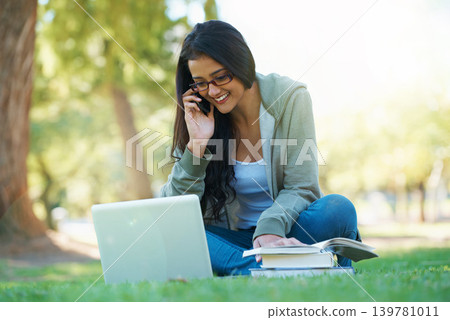 Woman, park and laptop with textbook, glasses and cellphone for study, learning and college. Latino student, garden and technology for research, communication and university for online education Woman, park and laptop with textbook, glasses and cellphone for study, learning and college. Latino student, garden and technology for research, communication and university for online education 139781011