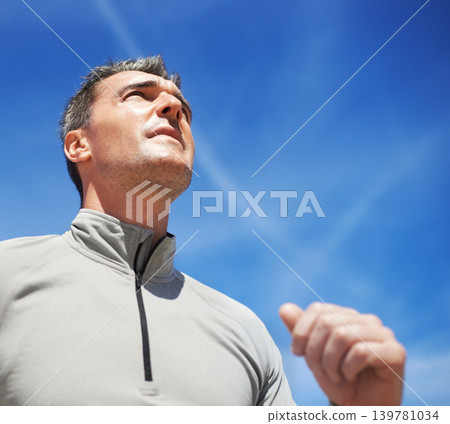 Beach, sky background and running with fitness, man and activity with wellness and healthy. Person, guy and runner with training or sunshine with vacation and travel with workout, seaside or exercise Beach, sky background and running with fitness, man and activity with wellness and healthy. Person, guy and runner with training or sunshine with vacation and travel with workout, seaside or exercise 139781034