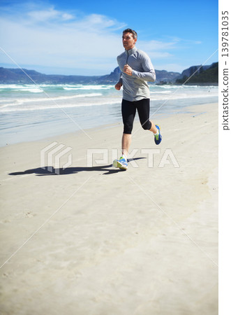 Fitness, mature or man on beach running for exercise, training or outdoor workout at sea. Sports person, fast runner or healthy athlete in nature for cardio endurance, wellness or challenge on sand Fitness, mature or man on beach running for exercise, training or outdoor workout at sea. Sports person, fast runner or healthy athlete in nature for cardio endurance, wellness or challenge on sand 139781035