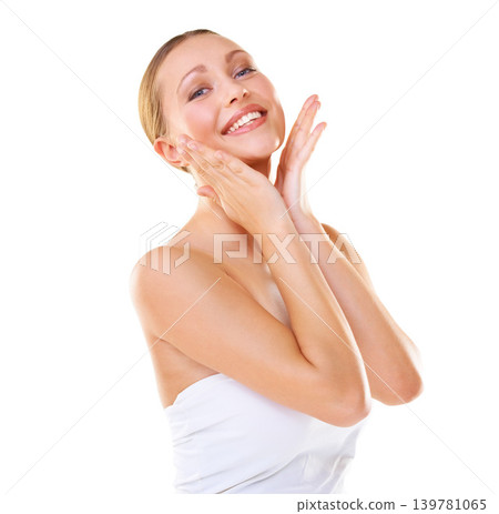 White background, skincare and portrait of woman for wellness, beauty and facial treatment. Salon aesthetic, spa and isolated person with hands for natural face, healthy skin and cosmetics in studio 139781065