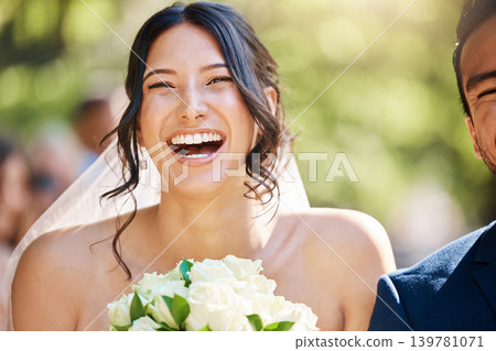 Portrait, woman and bride with smile at wedding for love, partnership and commitment ceremony. Happy, couple and laughing with bokeh, marriage celebration and tradition for special occasion in nature 139781071