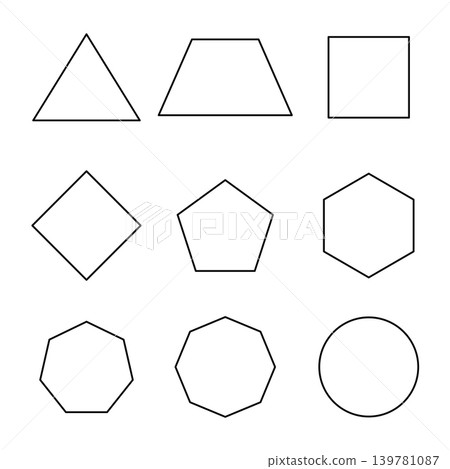 Basic geometric outline shape. Triangular, quadrilateral, pentagonal, hexagonal, and octagonal outline shapes Basic geometric outline shape. Triangular, quadrilateral, pentagonal, hexagonal, and octagonal outline shapes 139781087