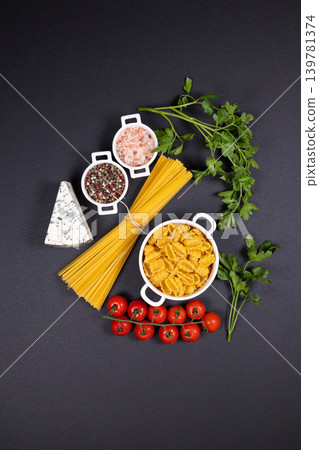Italian pasta ingredients for mediterranean cooking preparation Italian pasta ingredients for mediterranean cooking preparation 139781374