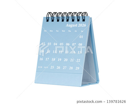 Desktop calendar for August 2026 in blue colour. Mini planner for business and finance, spiral view on isolated white background Desktop calendar for August 2026 in blue colour. Mini planner for business and finance, spiral view on isolated white background 139781626