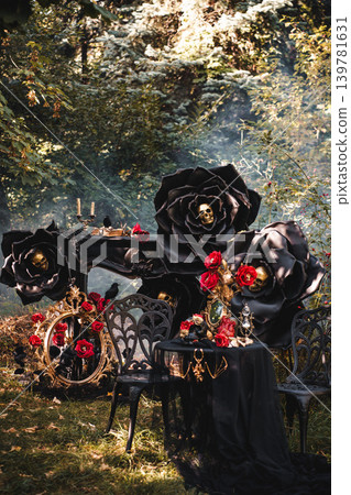 Gothic Outdoor Tea Party with Black Roses and Skull Gothic Outdoor Tea Party with Black Roses and Skull 139781631