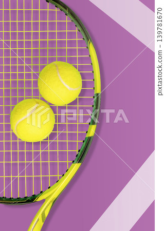 Tennis Racket With Two Yellow Balls On Bold Purple Court Background 139781670