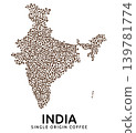 Shape of India map made of scattered coffee beans, country name below 139781774