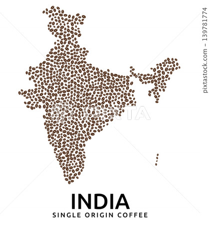 Shape of India map made of scattered coffee beans, country name below Shape of India map made of scattered coffee beans, country name below 139781774