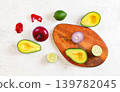 Avocado halves, limes and onions - basic guacamole ingredients on white working board, flat lay photo 139782045