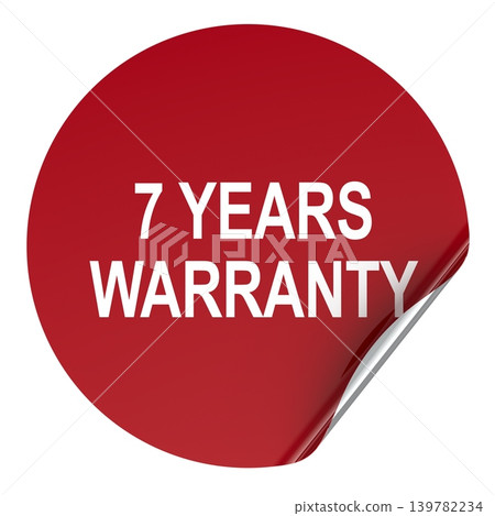 7 years warranty, red sticker with curled corner. 3D rendering 7 years warranty, red sticker with curled corner. 3D rendering 139782234