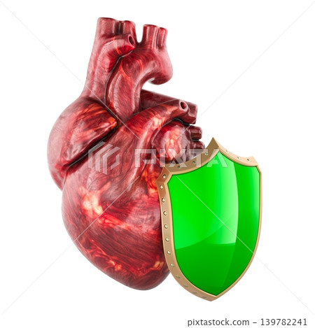 Human heart with green shield. Cardiology and cardiovascular health concept, 3d rendering Human heart with green shield. Cardiology and cardiovascular health concept, 3d rendering 139782241