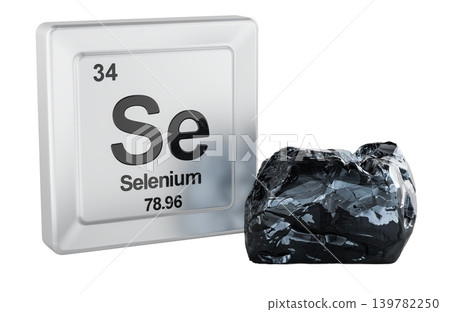 Selenium chemical element with Se sample. 3D rendering Selenium chemical element with Se sample. 3D rendering 139782250