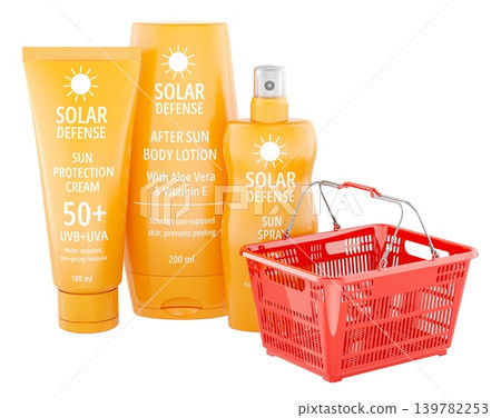 Sun care products with shopping basket. 3D rendering Sun care products with shopping basket. 3D rendering 139782253