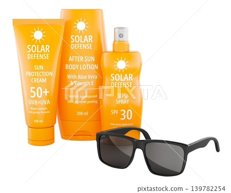 Sunscreen cream, after sun lotion, sun spray and black sunglasses, summer skincare concept, 3d rendering 139782254