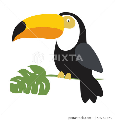 Toucan bird perching on a tropical leaf Toucan bird perching on a tropical leaf 139782469