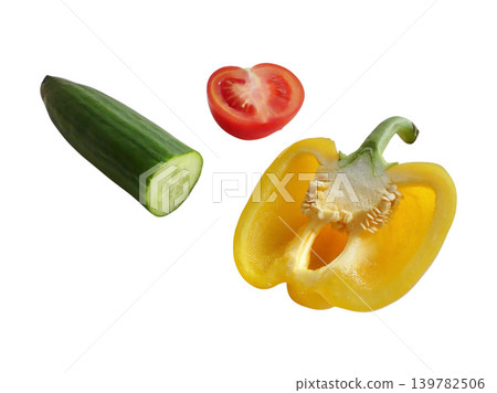Fresh cucumber tomato yellow pepper isolated on white Fresh cucumber tomato yellow pepper isolated on white 139782506