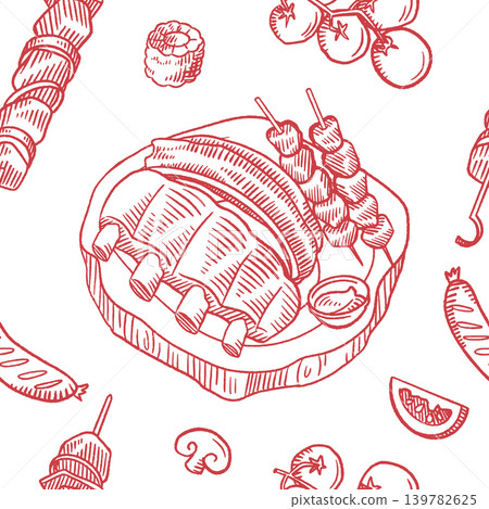 Vintage BBQ Food Seamless Pattern Hand Drawn Vector Illustration Vintage BBQ Food Seamless Pattern Hand Drawn Vector Illustration 139782625