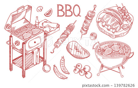 Hand Drawn BBQ Grill Set Vector Illustration Collection Hand Drawn BBQ Grill Set Vector Illustration Collection 139782626