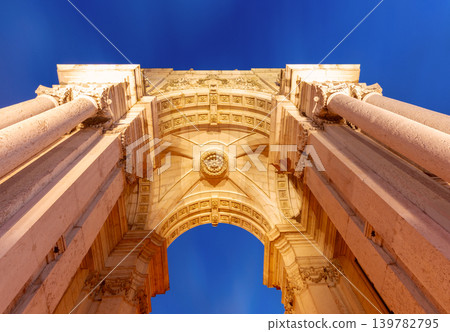 Low angle view of Rua Augusta Arch at Commerce Square in Lisbon Portugal Low angle view of Rua Augusta Arch at Commerce Square in Lisbon Portugal 139782795