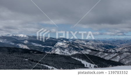 Rocky Mountains Colorado Panoramic Winter Landscape with Snow Covered Ridges Forested Valleys Rocky Mountains Colorado Panoramic Winter Landscape with Snow Covered Ridges Forested Valleys 139783332