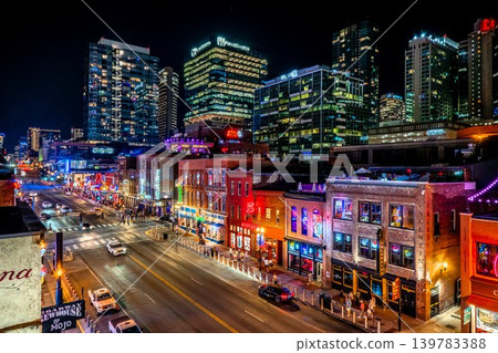 Nashville Tennessee Night Skyline and Broadway Entertainment District with City Lights Traffic Nashville Tennessee Night Skyline and Broadway Entertainment District with City Lights Traffic 139783388