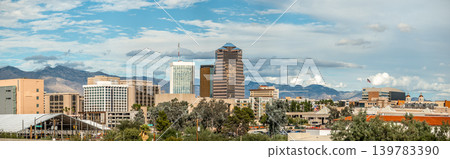 Tucson Arizona Skyline with Downtown Buildings and Mountain Backdrop Viewed Tucson Arizona Skyline with Downtown Buildings and Mountain Backdrop Viewed 139783390