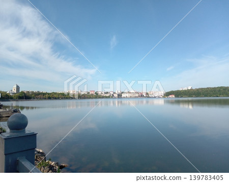 Lake with clear water in the European town. Sunny day, blue sky landscape Lake with clear water in the European town. Sunny day, blue sky landscape 139783405