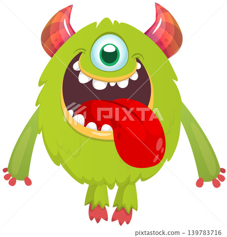 Cartoon scary monster with one eye and tongue out waving hands . Vector illustration isolated on white. For Halloween party decoration or package design Cartoon scary monster with one eye and tongue out waving hands . Vector illustration isolated on white. For Halloween party decoration or package design 139783716