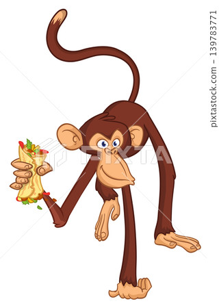 Cartoon funny monkey chimpanzee holding burger, falafel or kebab in his hands. Vector illustration of happy monkey character design isolated. Cartoon funny monkey chimpanzee holding burger, falafel or kebab in his hands. Vector illustration of happy monkey character design isolated. 139783771