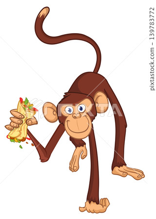 Cartoon funny monkey chimpanzee holding burger, falafel or kebab in his hands. Vector illustration of happy monkey character design isolated. 139783772