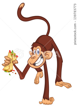 Cartoon funny monkey chimpanzee holding burger, falafel or kebab in his hands. Vector illustration of happy monkey character design isolated. Cartoon funny monkey chimpanzee holding burger, falafel or kebab in his hands. Vector illustration of happy monkey character design isolated. 139783773