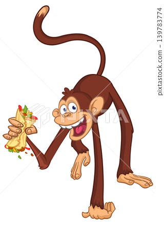 Cartoon funny monkey chimpanzee holding burger, falafel or kebab in his hands. Vector illustration of happy monkey character design isolated. Cartoon funny monkey chimpanzee holding burger, falafel or kebab in his hands. Vector illustration of happy monkey character design isolated. 139783774