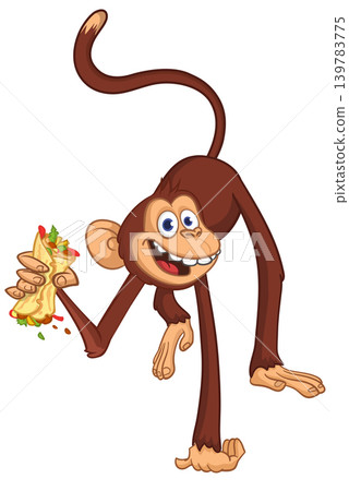 Cartoon funny monkey chimpanzee holding burger, falafel or kebab in his hands. Vector illustration of happy monkey character design isolated. 139783775