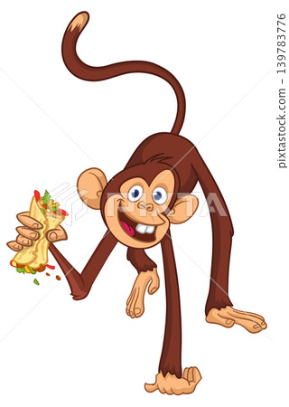 Cartoon funny monkey chimpanzee holding burger, falafel or kebab in his hands. Vector illustration of happy monkey character design isolated. Cartoon funny monkey chimpanzee holding burger, falafel or kebab in his hands. Vector illustration of happy monkey character design isolated. 139783776
